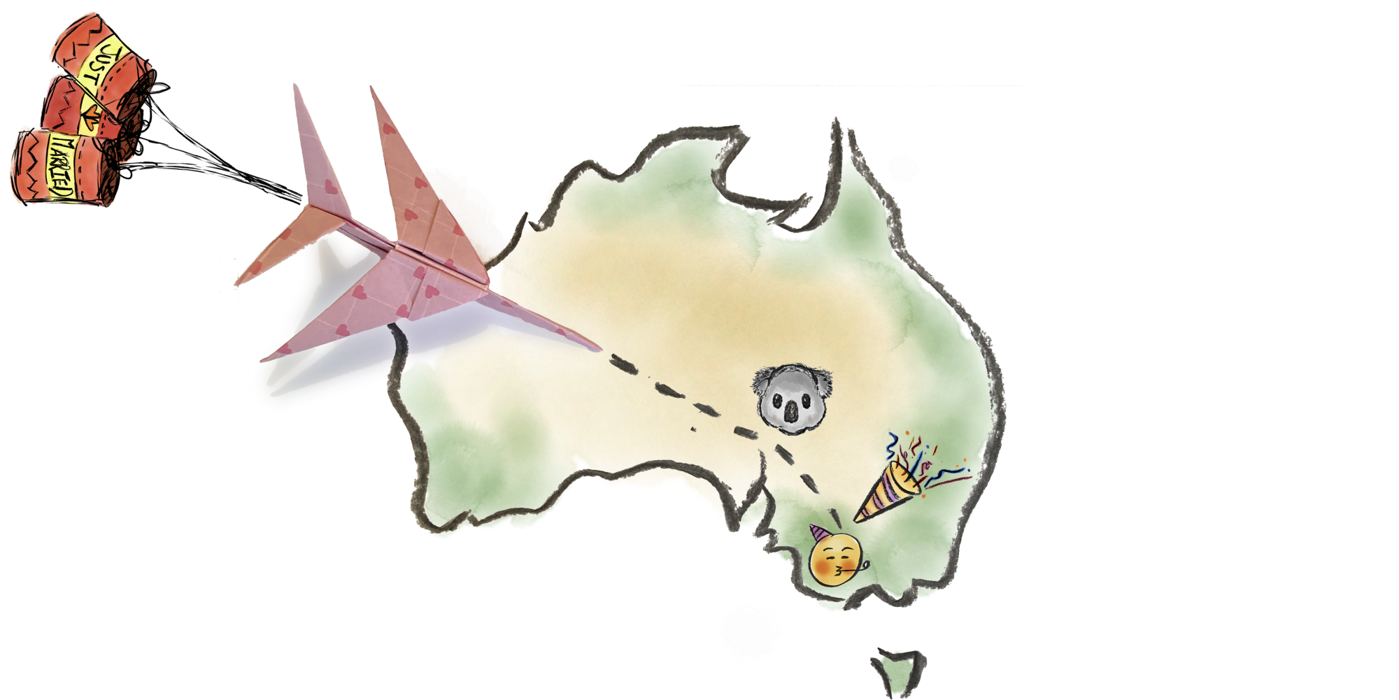 A watercolor drawing of a plane with trailing tin cans approaching the south of Australia